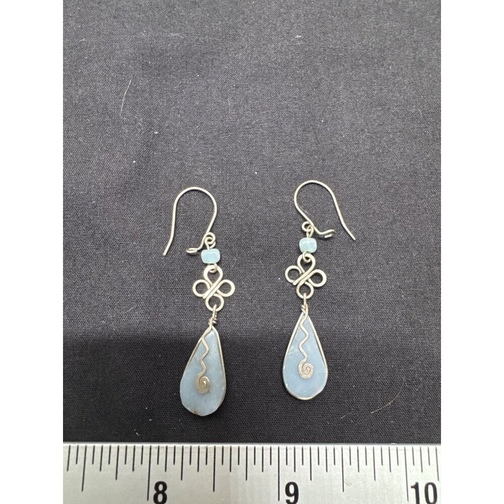 Blue Teardrop Natural GemStone Dangle Earrings Spiral Pattern Wire Accents Detai